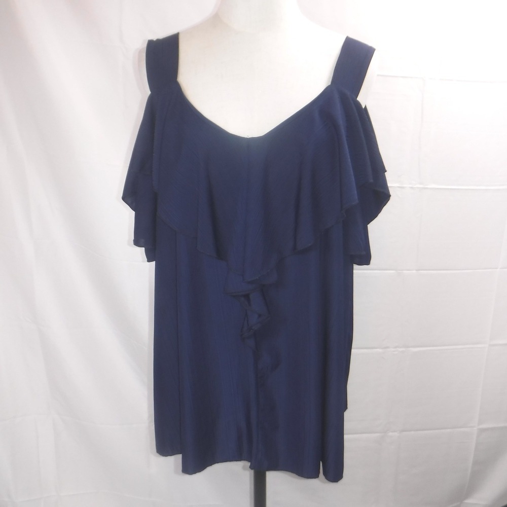 Siren‎ Lily Women's 2X Navy Blue Cold Shoulder Ruffle V-Neck Pleated Blouse Top